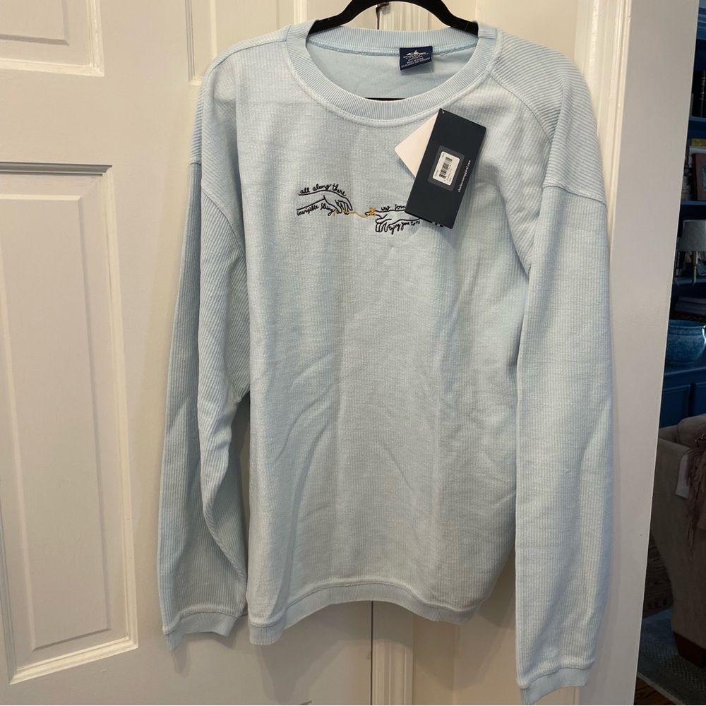 NWT Dizzy Dahlias Taylor Swift Invisible String Ribbed Crew Neck Baby Blue
